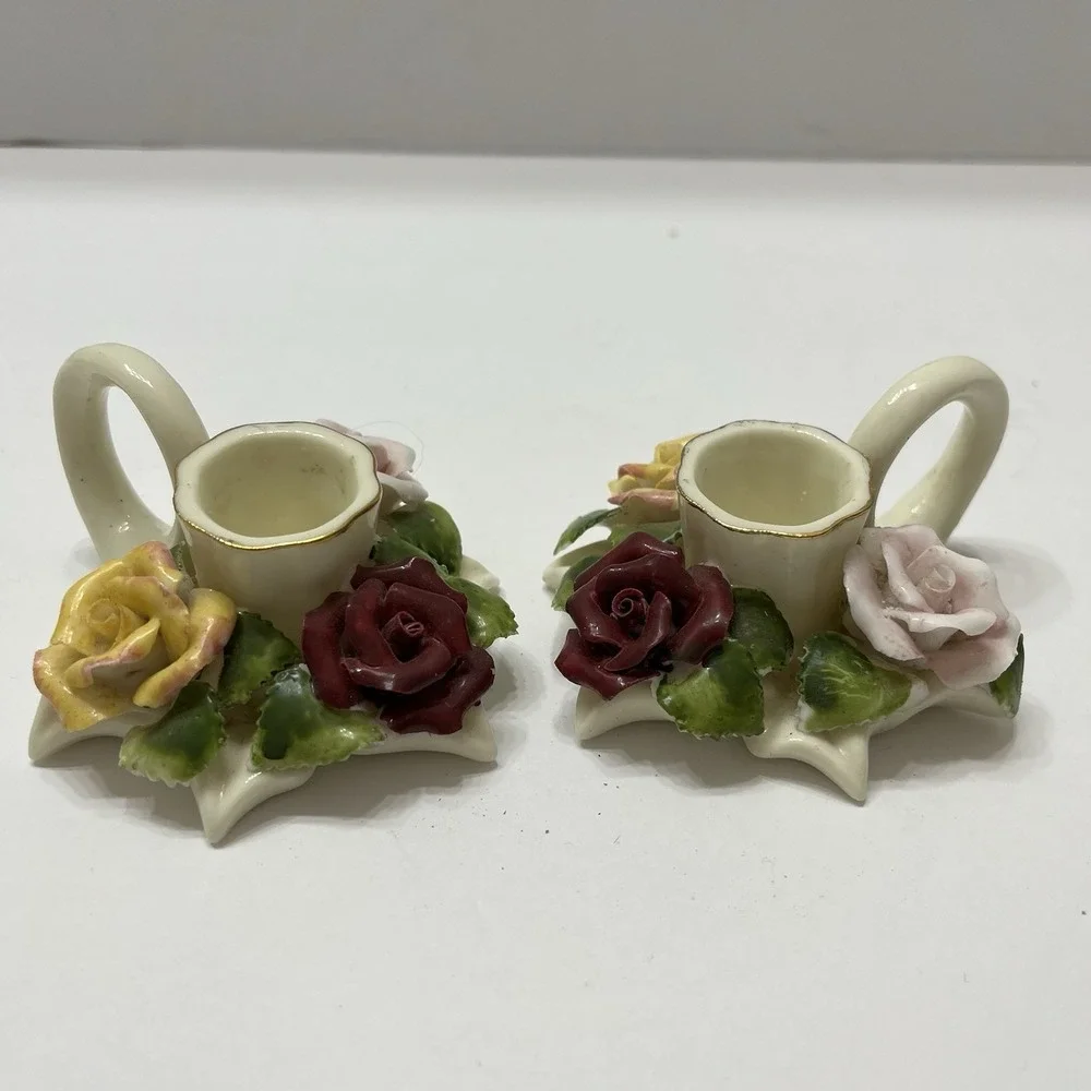 Vintage Porcelain Taper Candle Holders Finger Loop White 3D Hand Painted Roses 2